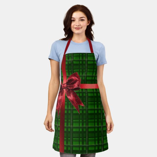 Red Bow Green Gingham Plaid Kerstcadeau Schort (Gedragen)