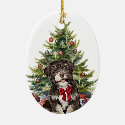Red Bow Havanese Hond Kerstmis Keramisch Ornament (Voorkant)