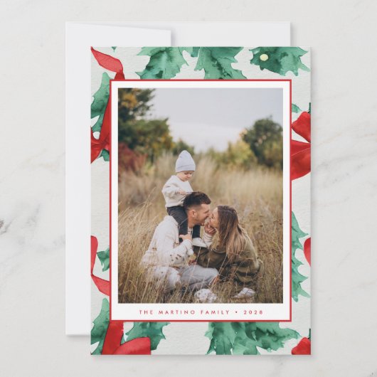 Red Bow Holiday Greenery Foto Kerst Kaart (Voorkant)