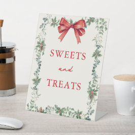 Red Bow Holiday Party Sweets and Treats Reclamebord Met Voetstuk