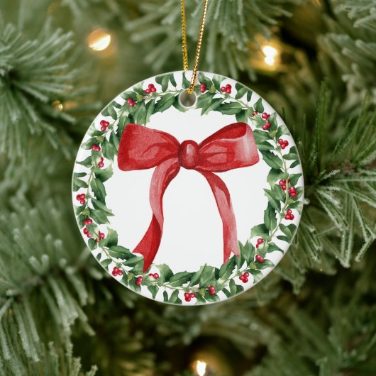 Red Bow Holiday Wreath Classic Kerstboom Keramisch Ornament (Boom)