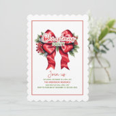 Red Bow Holly bessen geschulpte kerstfeest Kaart (Staand voorkant)