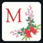 Red Bow Holly Christmas Vierkante Sticker<br><div class="desc">Deze heldere en kleurrijke sticker zal elke vakantie correspondentie of verpakking opfleuren. Het beschikt over uw monogram in felrood in de linkerbovenhoek,  met een  hulst en rode bessen hoek versiering met een rode strik.  voor correspondentie of andere vakantieprojecten. Zorg ervoor dat u de bijpassende producten in onze winkel ziet.</div>