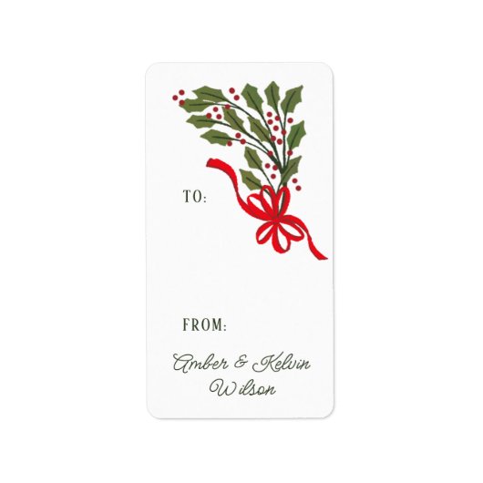 Red Bow Holly Garland Holiday Gift Label (Voorkant)