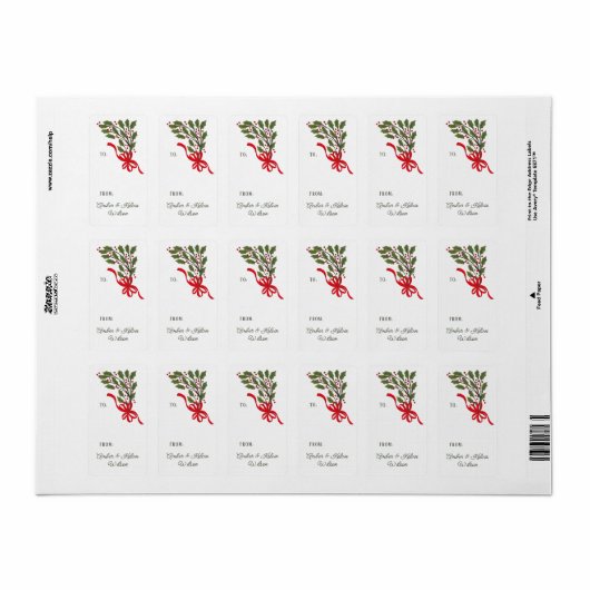 Red Bow Holly Garland Holiday Gift Label (Full Sheet)