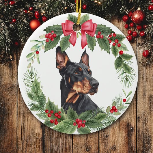 Red Bow Holly Krans Doberman Pinscher Hond Keramisch Ornament