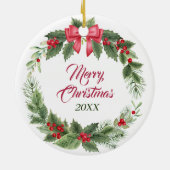 Red Bow Holly Krans Doberman Pinscher Hond Keramisch Ornament (Achterkant)