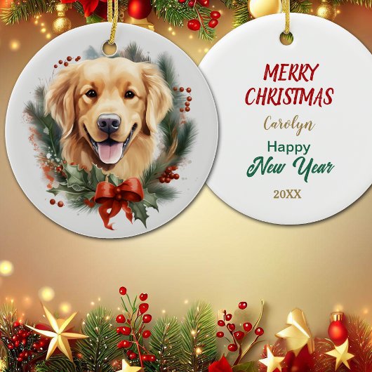 Red Bow Holly krans Golden Retriever Hond Keramisch Ornament