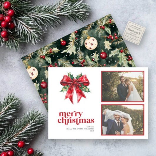 Red Bow Holly Married & Merry Pas getrouwd 2 Foto Feestdagenkaart