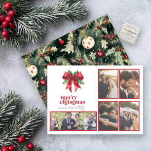 Red Bow Holly Married & Merry Pas getrouwd 5 Foto Feestdagenkaart