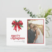 Red Bow Holly Married & Merry Pas getrouwd Foto Feestdagenkaart (Staand voorkant)