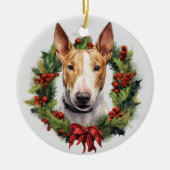 Red Bow Holly Wreath Bull Terrier Hond Keramisch Ornament (Voorkant)