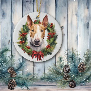 Red Bow Holly Wreath Bull Terrier Hond Keramisch Ornament