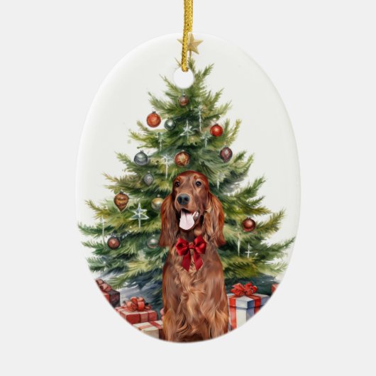 Red Bow Ierse Setter Hond Kerstmis Keramisch Ornament (Voorkant)