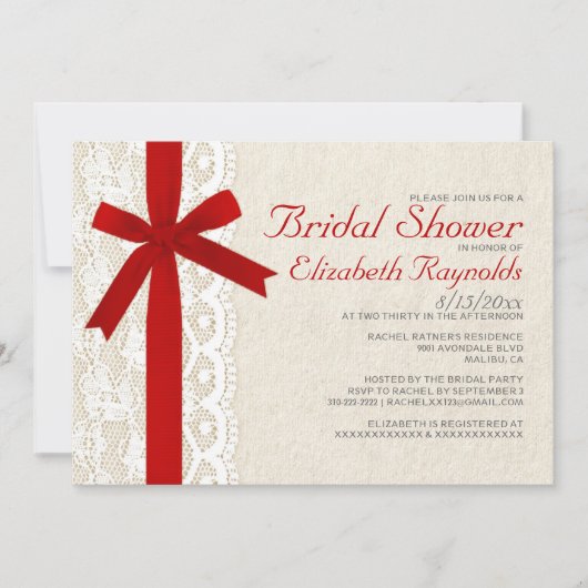 Red Bow & Lace Bridal Shower-uitnodigingen Kaart (Voorkant)
