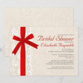 Red Bow & Lace Bridal Shower-uitnodigingen Kaart (Voorkant / Achterkant)