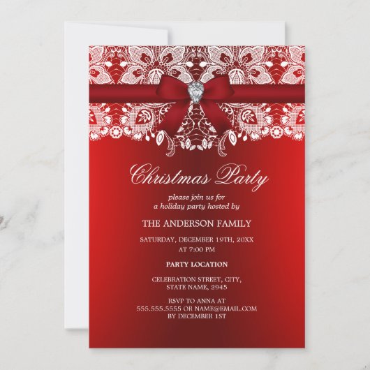 Red Bow & Lace Kerstfeest Kaart (Voorkant)