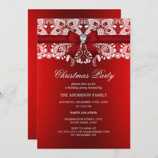 Red Bow & Lace Kerstfeest Kaart (Voorkant / Achterkant)