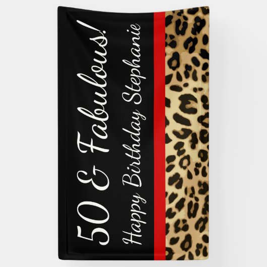 Red Bow Leopard 50th Fabulous Birthday Party Spandoek (Verticaal)