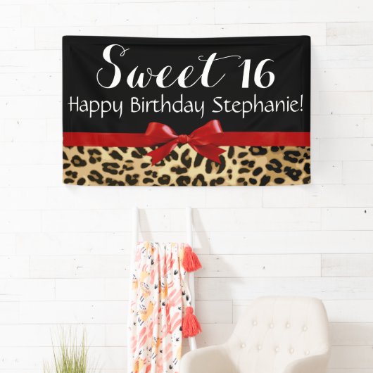 Red Bow Leopard Print Sweet 16 Birthday Party Spandoek (Insitu)