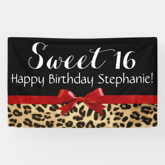 Red Bow Leopard Print Sweet 16 Birthday Party Spandoek (Horizontaal)