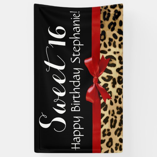 Red Bow Leopard Print Sweet 16 Birthday Party Spandoek (Verticaal)