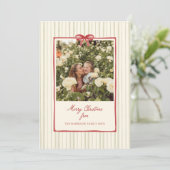 Red Bow Lijst Sage Stripes 2 Foto Feestdagenkaart (Staand voorkant)