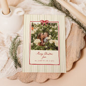 Red Bow Lijst Sage Stripes Foto Feestdagenkaart