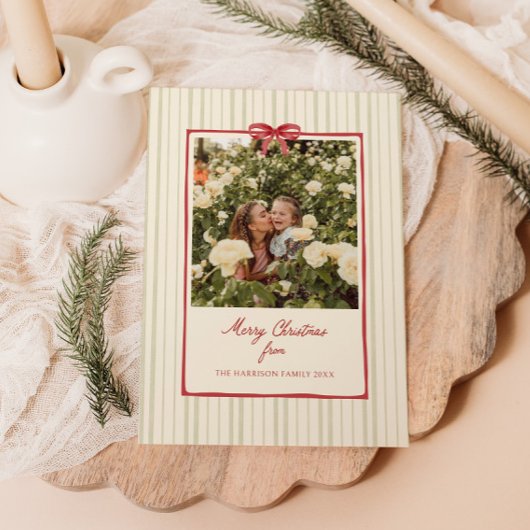 Red Bow Lijst Sage Stripes Foto Feestdagenkaart