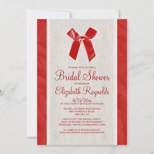 Red  Bow & Linen Bridal Shower Invitations Kaart (Voorkant)