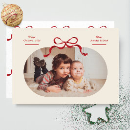 Red Bow Merriest Christmas Oval Photo Flat Feestdagenkaart