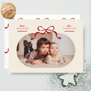 Red Bow Merriest Christmas Oval Photo Flat Feestdagenkaart