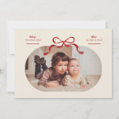 Red Bow Merriest Christmas Oval Photo Flat Feestdagenkaart (Voorkant)