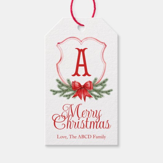 Red Bow Merry Christmas Crest Gift Label - A Cadeaulabel (Voorkant)