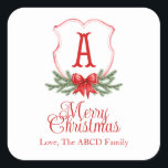 Red Bow Merry Christmas Crest Sticker Gift Label -<br><div class="desc">Mooi Kerst stickers cadeau label met een klassiek rood kerstkam ontwerp met laatste initiaal en naam personalisatie</div>