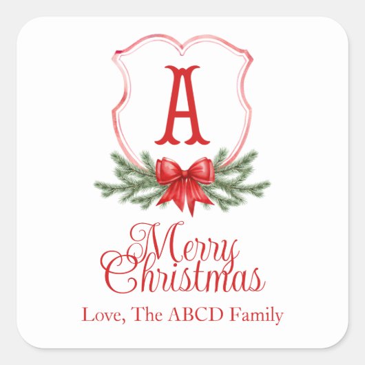 Red Bow Merry Christmas Crest Sticker Gift Label - (Voorkant)