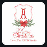 Red Bow Merry Christmas Crest Sticker Gift Label -<br><div class="desc">Mooi Kerst stickers cadeau label met een klassiek rood kerstkam ontwerp met laatste initiaal en naam personalisatie</div>