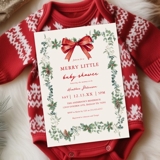 Red Bow Merry Little Christmas Baby Shower Kaart