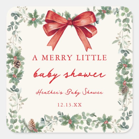Red Bow Merry Little Christmas Baby Shower Vierkante Sticker (Voorkant)