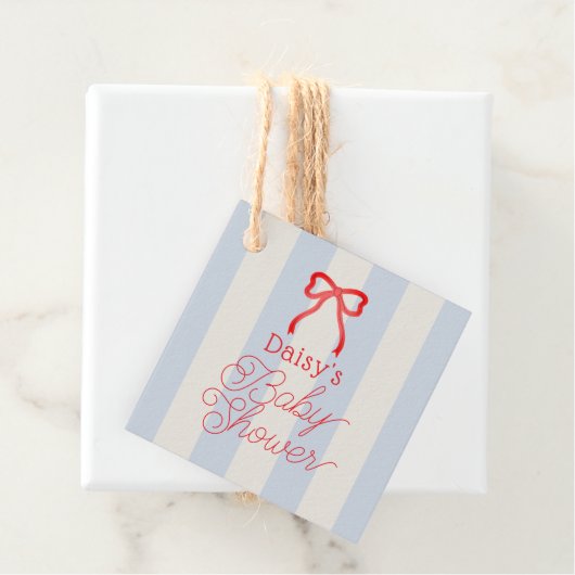 Red Bow & Pale Blue Stripes Baby Shower Bedankjes Labels (In situ)