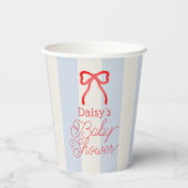 Red Bow & Pale Blue Stripes Baby Shower Papieren Bekers (Achterkant)