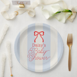 Red Bow & Pale Blue Stripes Baby Shower Papieren Bordje