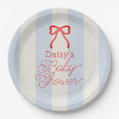 Red Bow & Pale Blue Stripes Baby Shower Papieren Bordje (Voorkant)