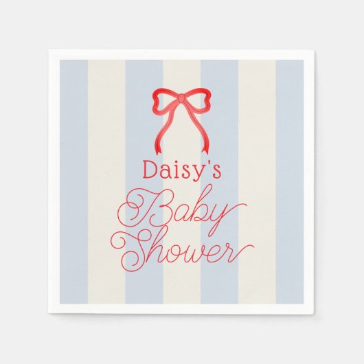 Red Bow & Pale Blue Stripes Baby Shower Servet (Voorkant)