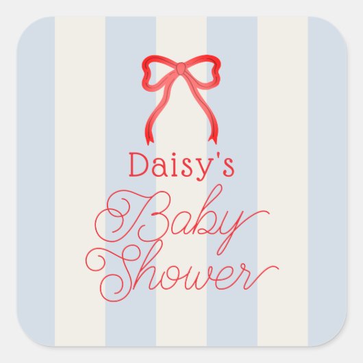 Red Bow & Pale Blue Stripes Baby Shower Vierkante Sticker (Voorkant)
