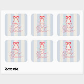 Red Bow & Pale Blue Stripes Baby Shower Vierkante Sticker (Vel)