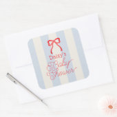 Red Bow & Pale Blue Stripes Baby Shower Vierkante Sticker (Envelop)