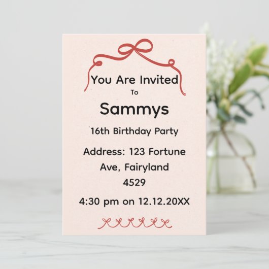 Red Bow Party Invitation | Elegant Ribbon Bow  Kaart (Staand voorkant)