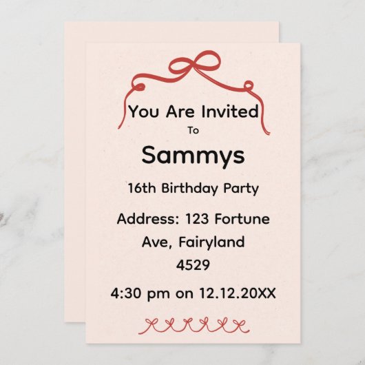Red Bow Party Invitation | Elegant Ribbon Bow  Kaart (Voorkant / Achterkant)