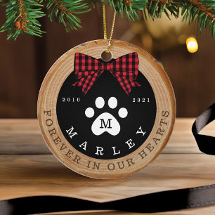 Red Bow Paw Print Memorial Pet Photo Wood Slice Keramisch Ornament